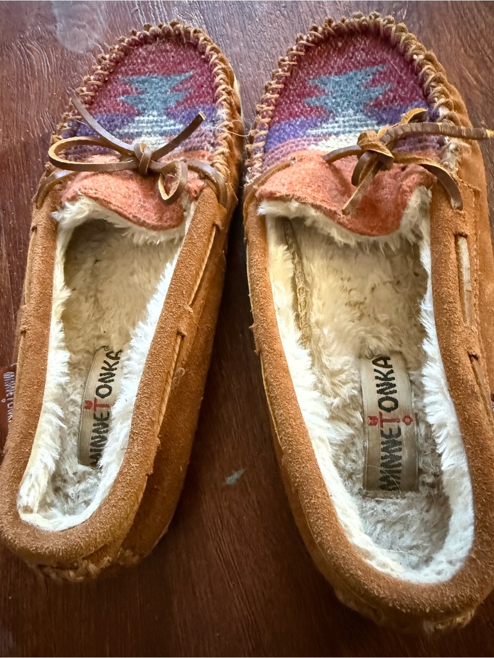 Minnetonka Chestnut Suede Moccasins with Multicolor Pattern